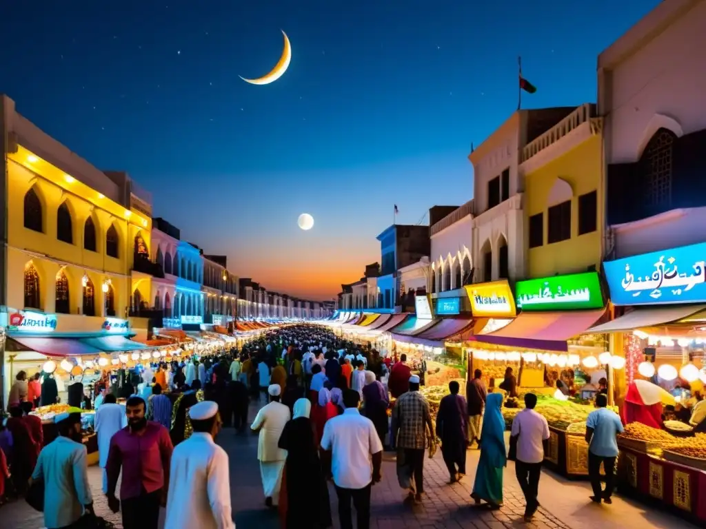 Vibrante calle nocturna durante el Ramadan, con luces y decoraciones coloridas