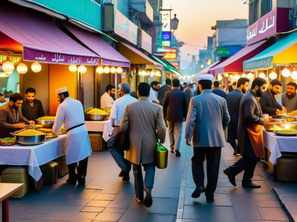 Vibrante calle de Teherán con restaurantes halal, chefs preparando platos persas y clientes disfrutando de la cocina al aire libre al atardecer