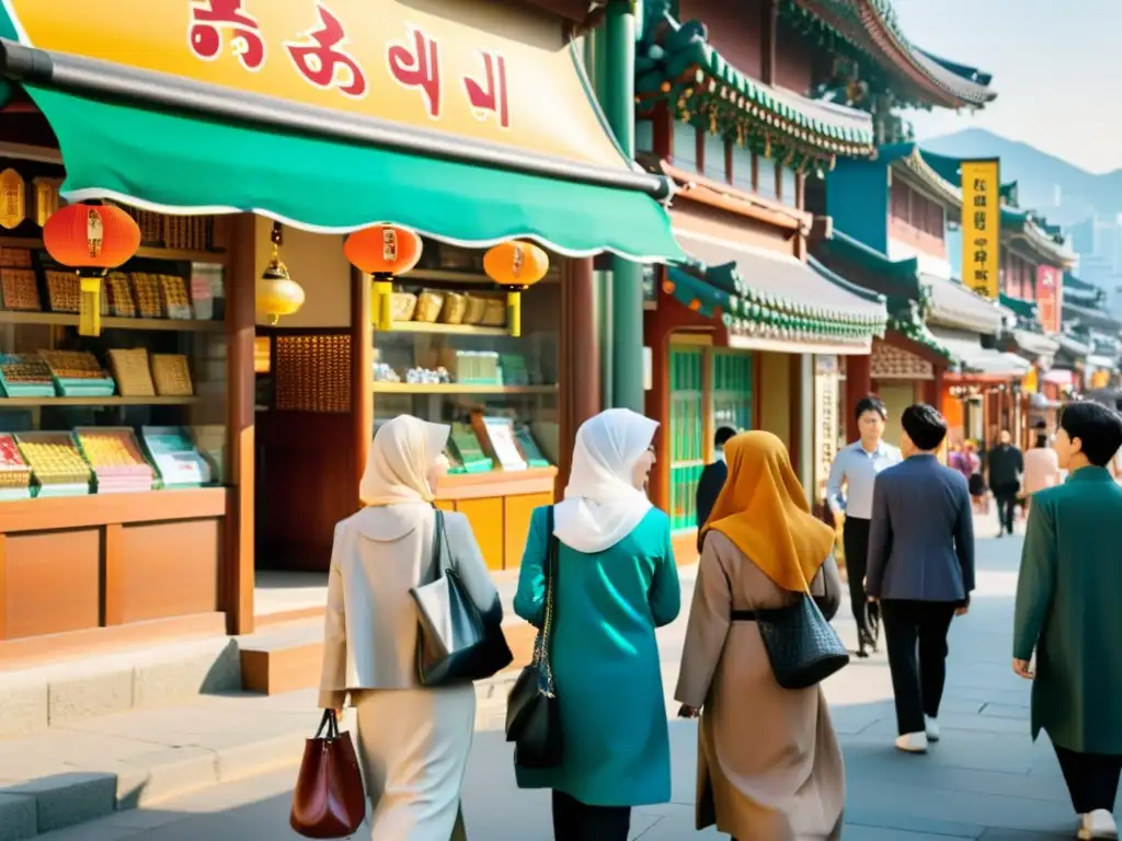 Vibrante calle de Seúl, Corea del Sur, con diversidad cultural y presencia creciente de la minoría islámica