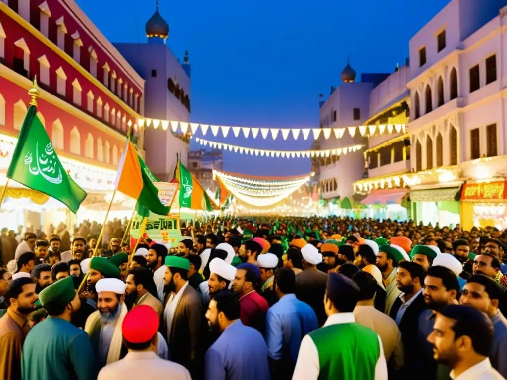 Una vibrante procesión callejera durante Milad un Nabi, con banderas coloridas y gente entonando himnos religiosos