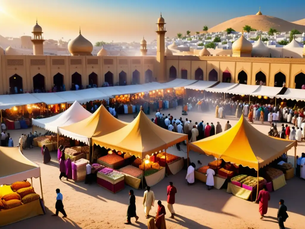 Vibrante celebración de Eid al-Adha en un bullicioso mercado, con coloridos puestos, gente alegre y animales decorados en venta