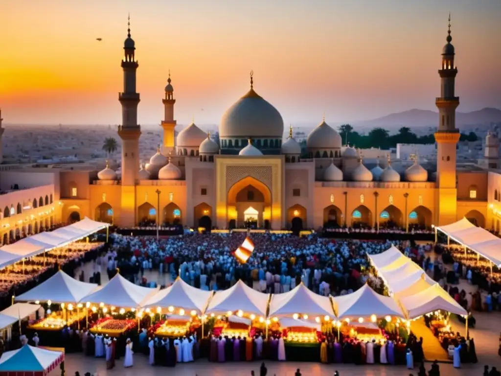 Vibrante celebración de Eid al-Adha en una ciudad del Medio Oriente, con diversidad, música y tradición