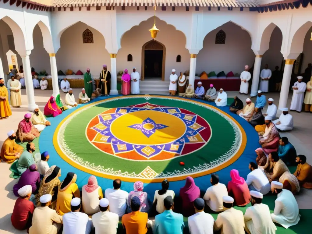 Colorida celebración de Eid al-Adha en una mezquita Una vibrante celebración de Eid al-Adha en un patio de mezquita, con festividades musulmanas en contexto cultural