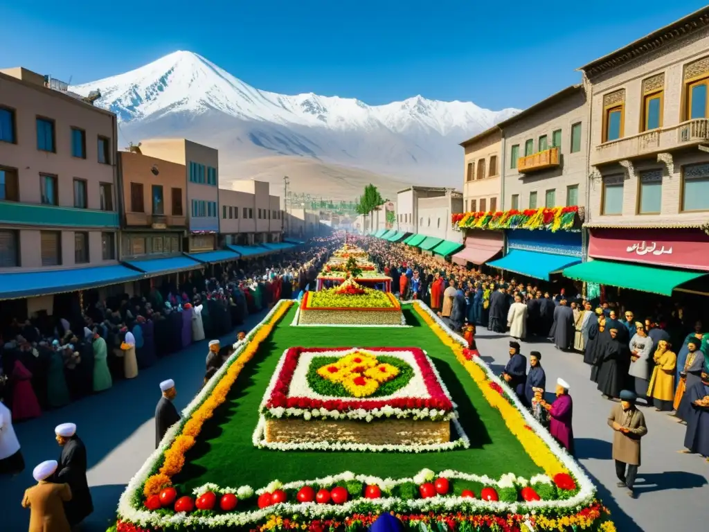 Una vibrante celebración de Nowruz en Irán, con gente vestida con trajes tradicionales, mesas HaftSeen coloridas y una atmósfera festiva