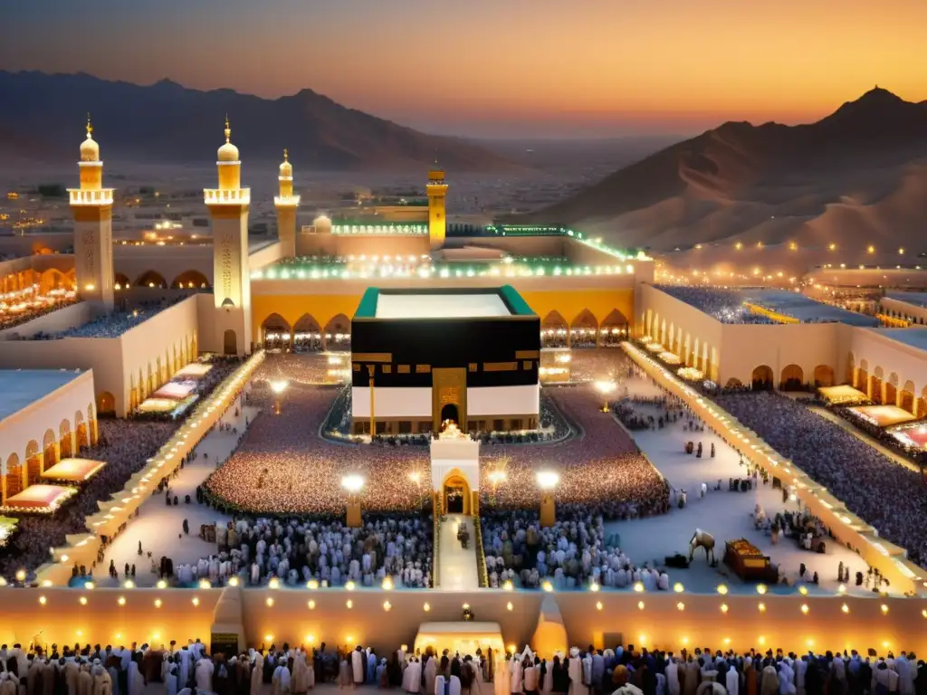 Mecca en el atardecer: intercambio cultural y espiritual Vibrante ciudad de Mecca en el desierto al atardecer, reflejando estrategias expansión Islam siglo VII