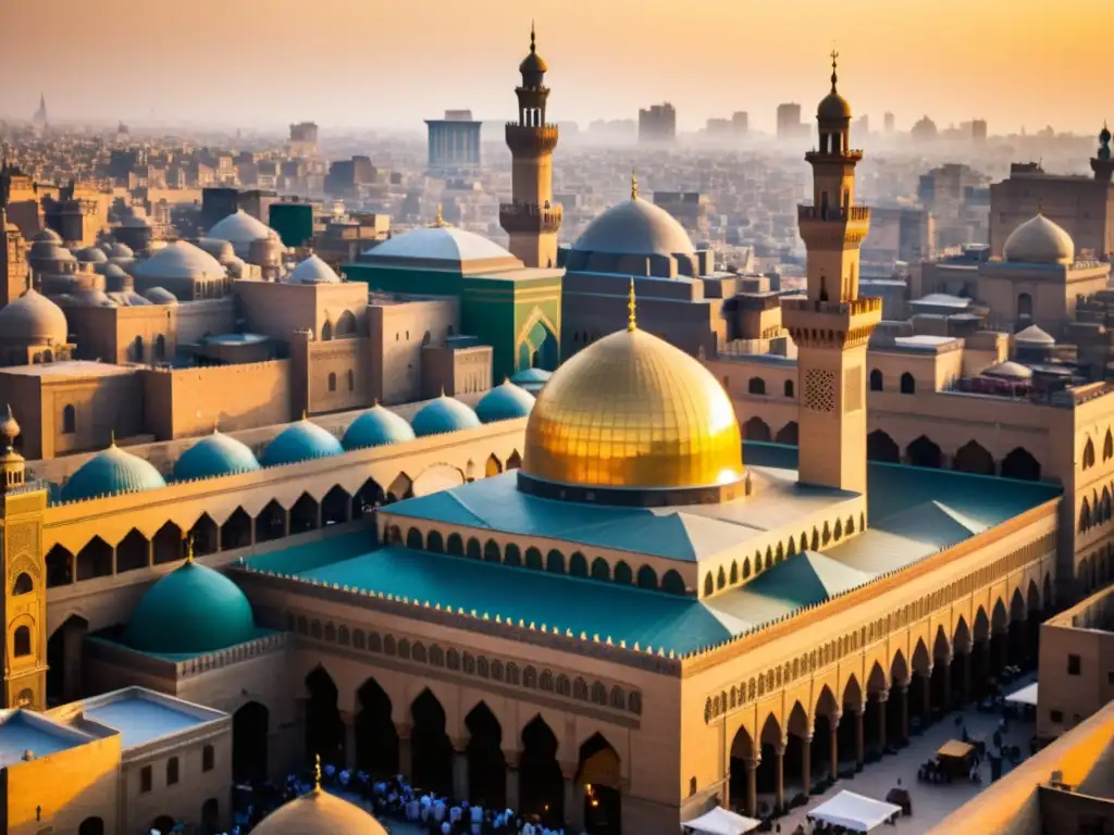 Vibrante ciudad de El Cairo durante el Reinado de los Zanguíes, con la mezquita AlMansur Qalawun y bulliciosas calles de mercado al atardecer