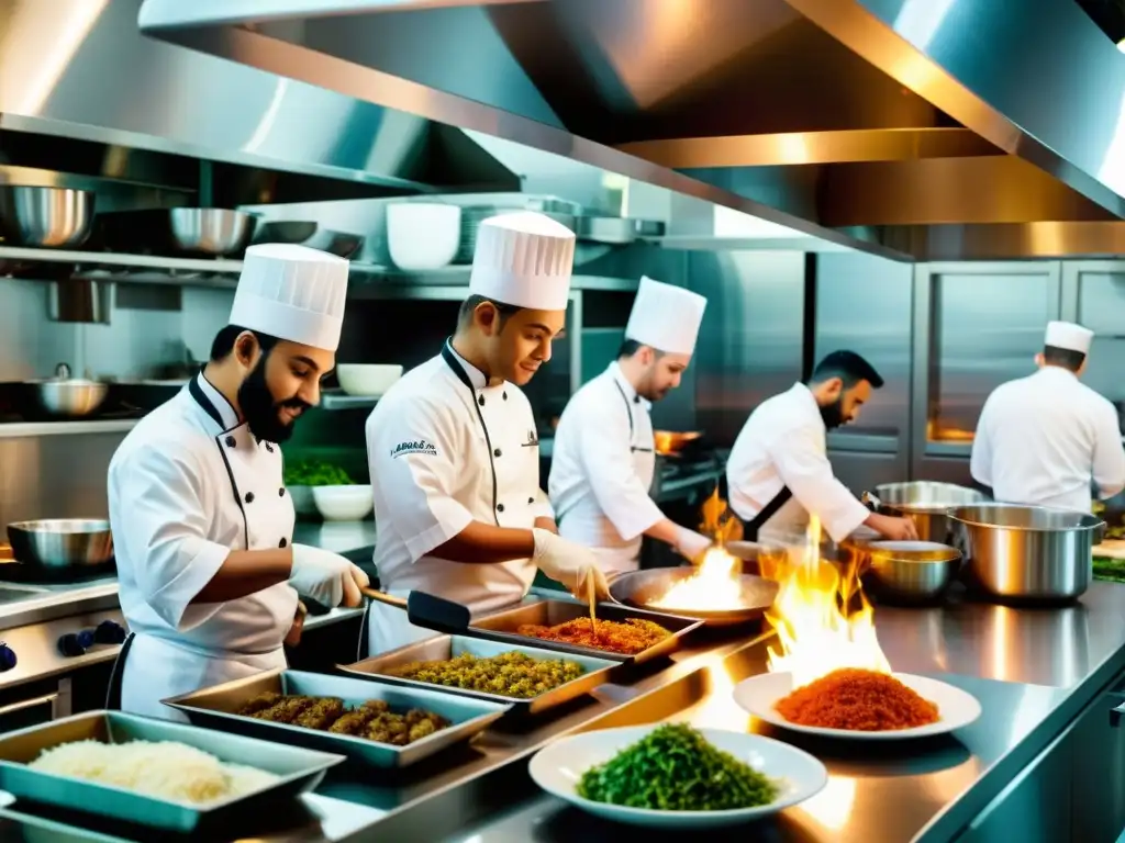 Vibrante cocina de restaurante halal con chefs de diversas culturas preparando platos internacionales en armonía