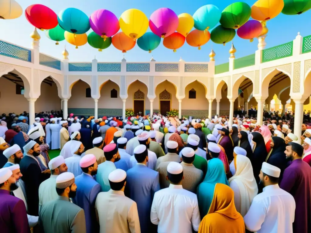 Vibrante celebración de Rabi' alAwwal en comunidad islámica, con decoraciones tradicionales, expresiones alegres y sentido de unidad