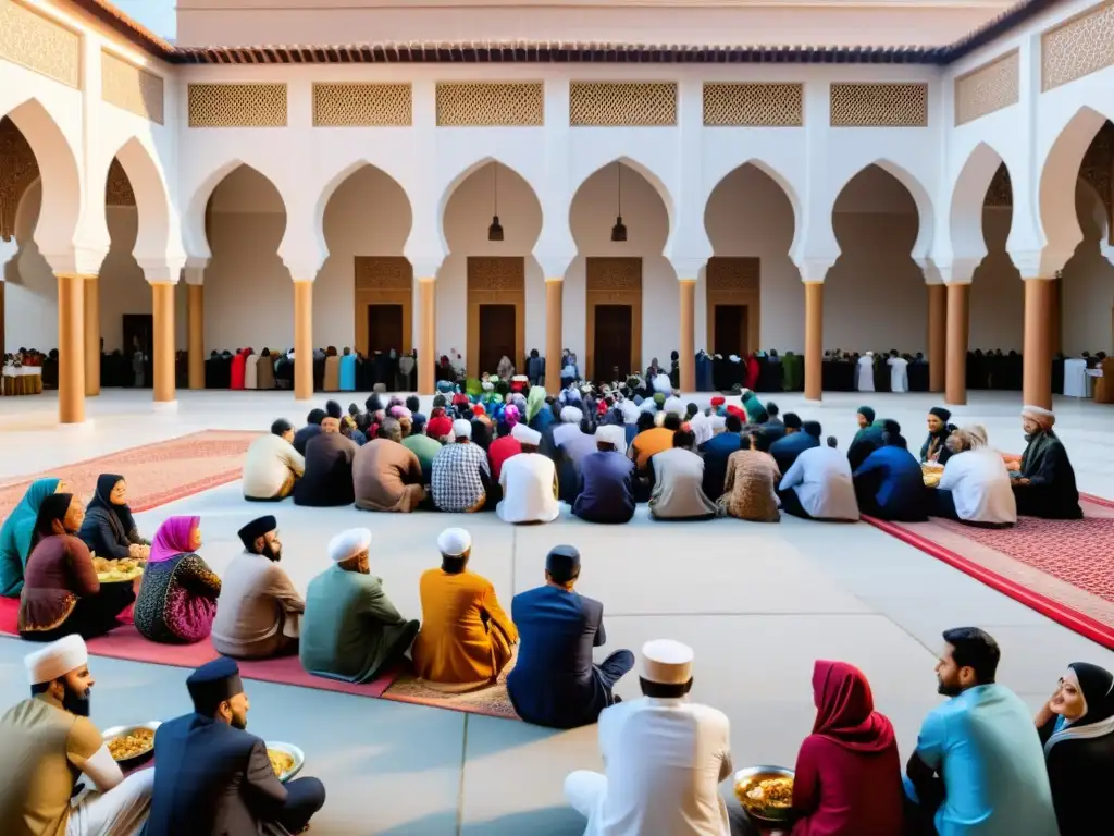 Vibrante comunidad reunida en la mezquita para compartir, debatir y participar en eventos culturales bajo la cálida luz del sol