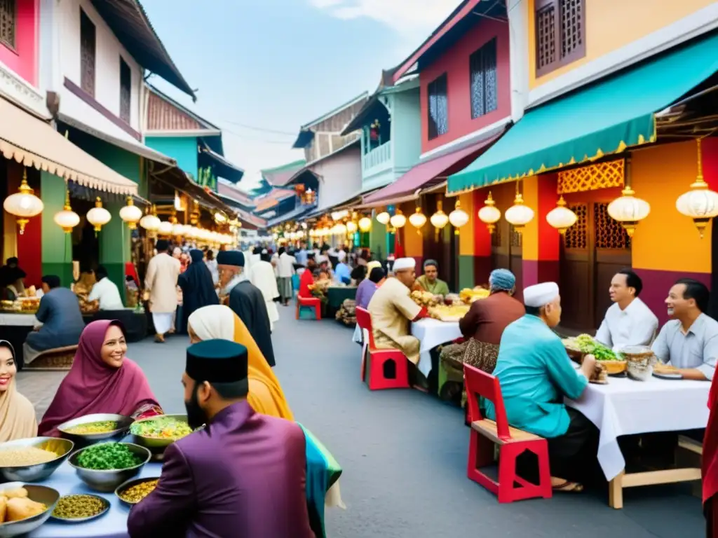 Vibrante convivencia religiosa en el mundo islámico: diversidad cultural y arquitectura colorida en una bulliciosa calle del sudeste asiático