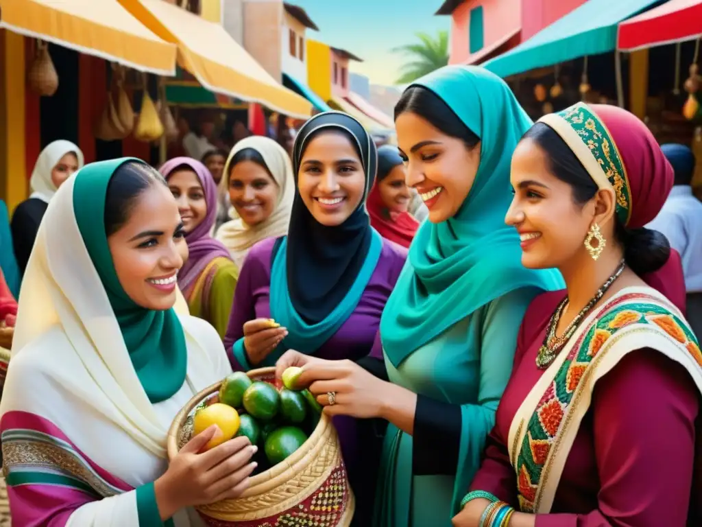 Un vibrante cuadro hiperrealista de mujeres musulmanas en América Latina, unidas en un mercado, celebrando su cultura y diversidad