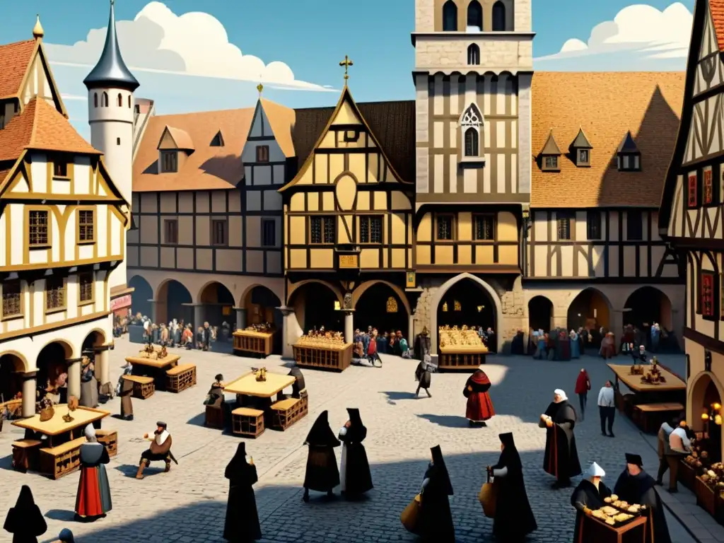 Vibrante ilustración digital de una plaza medieval europea con influencia del arte narrativa árabe