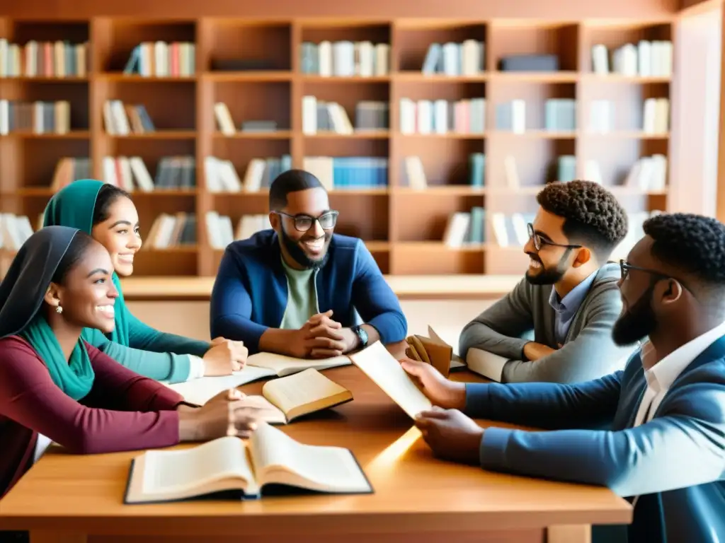 Vibrante discusión de estudiantes sobre la ley islámica en una biblioteca soleada