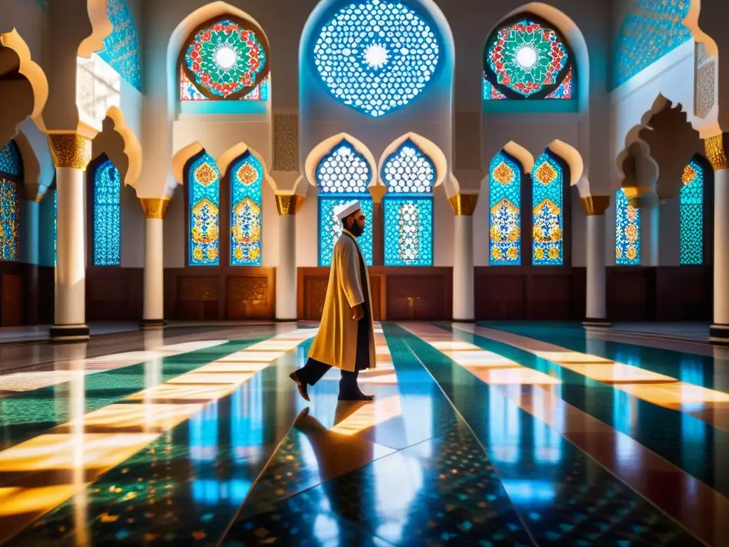 Vibrante diseño geométrico islámico iluminado por vitrales, en una majestuosa mezquita