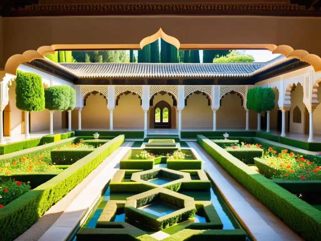 Vibrante diseño de jardines sagrados islámicos en la Alhambra, Granada: flores, agua, sombras y arquitectura majestuosa