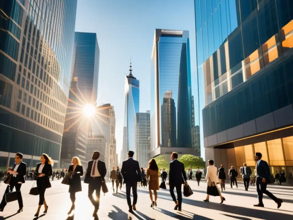 Vibrante distrito de negocios en una gran ciudad, reflejando actividad global y profesional