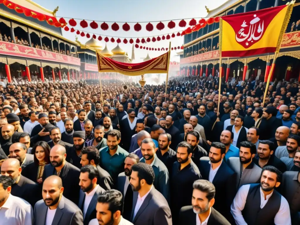 Un vibrante y emotivo encuentro en la festividad Ashura Islam chiíta, con participantes solemnemente reunidos en la plaza de la ciudad, inmersos en rituales y procesiones, ondeando coloridas banderas mientras se observan los detalles de sus atuendos tradicionales y la atmósfera cargada de unidad y