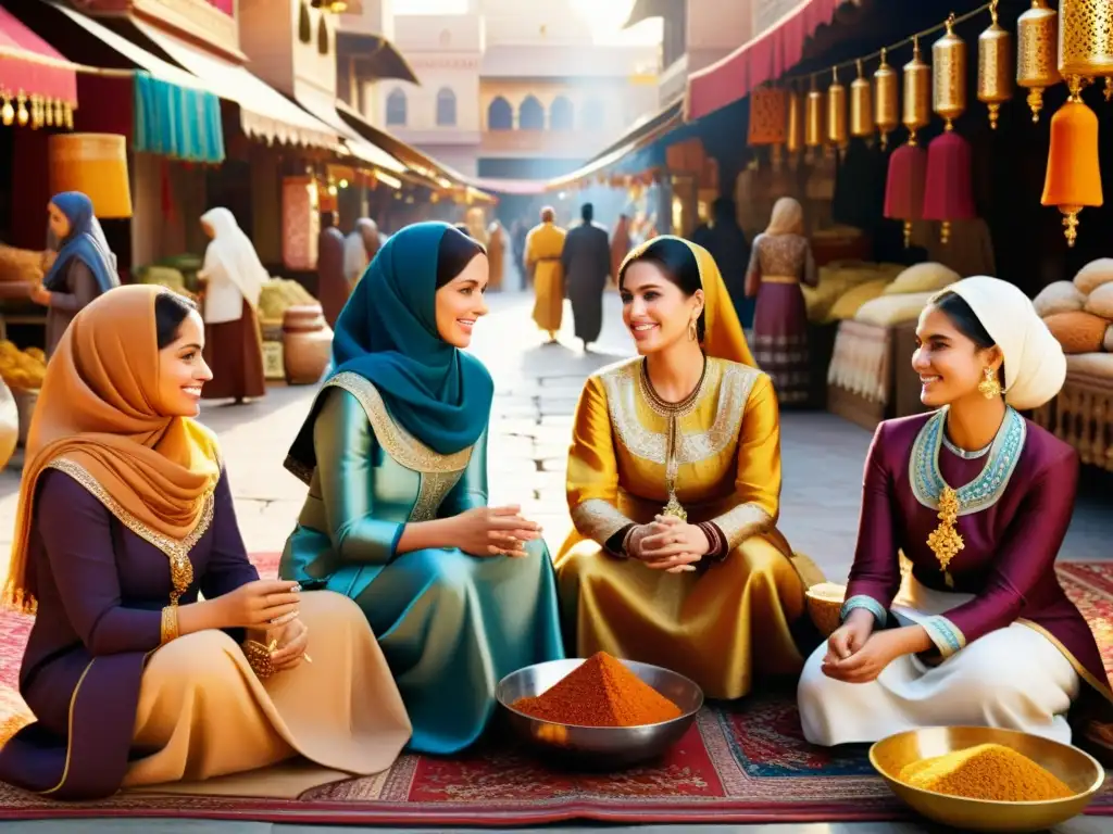 Un vibrante encuentro de mujeres en un bullicioso mercado, capturando la rica herencia de la expansión del Islam