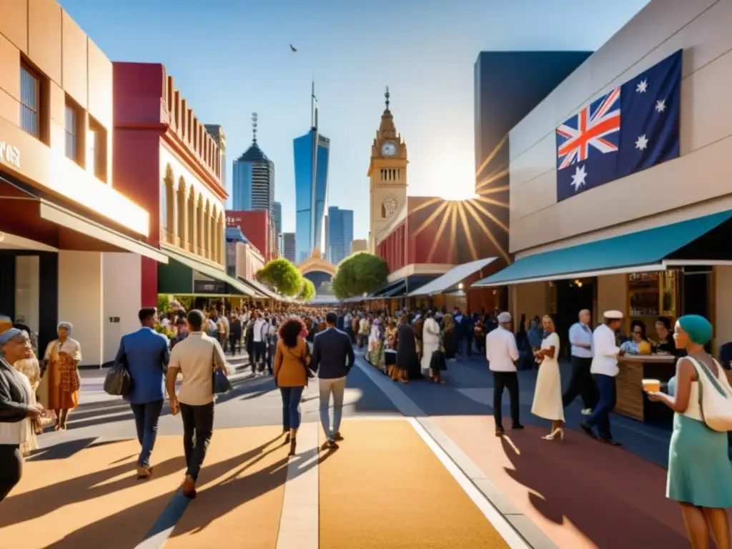 Vibrante calle multicultural en Australia con la bandera ondeando Un vibrante encuentro multicultural en una calle australiana, destacando la historia y contribuciones musulmanes en Australia