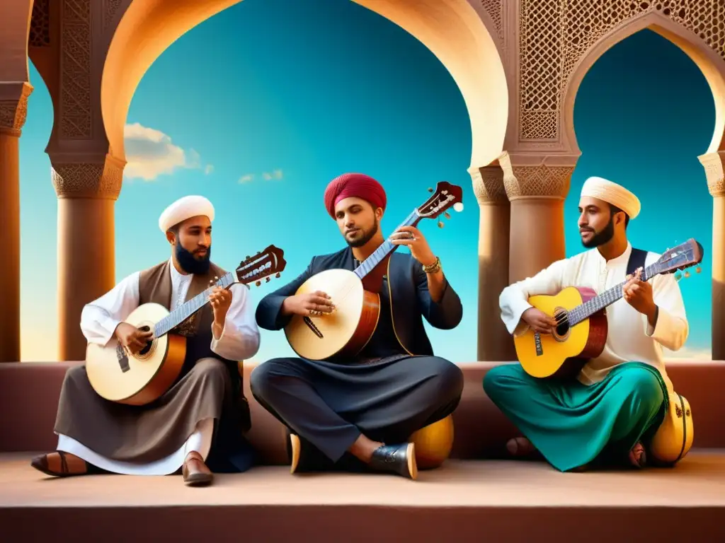 Un vibrante encuentro de músicos de distintos orígenes culturales tocando instrumentos musicales musulmanes tradicionales en un escenario diverso