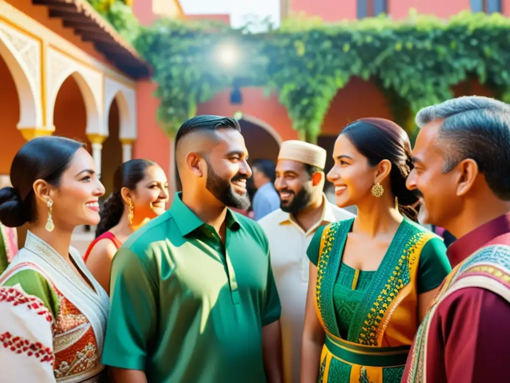 Un vibrante encuentro de personas de diversas raíces latinoamericanas celebrando en un patio colorido, fusionando culturas