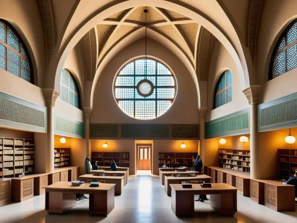 Vibrante escena de una antigua escuela de medicina islámica, con estudiantes y maestros inmersos en avances históricos en medicina del mundo islámico