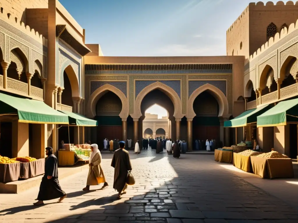 Vibrante escena de la antigua Bagdad de Harun al Rashid con bulliciosas calles, mercados y el palacio Abbasid en el horizonte