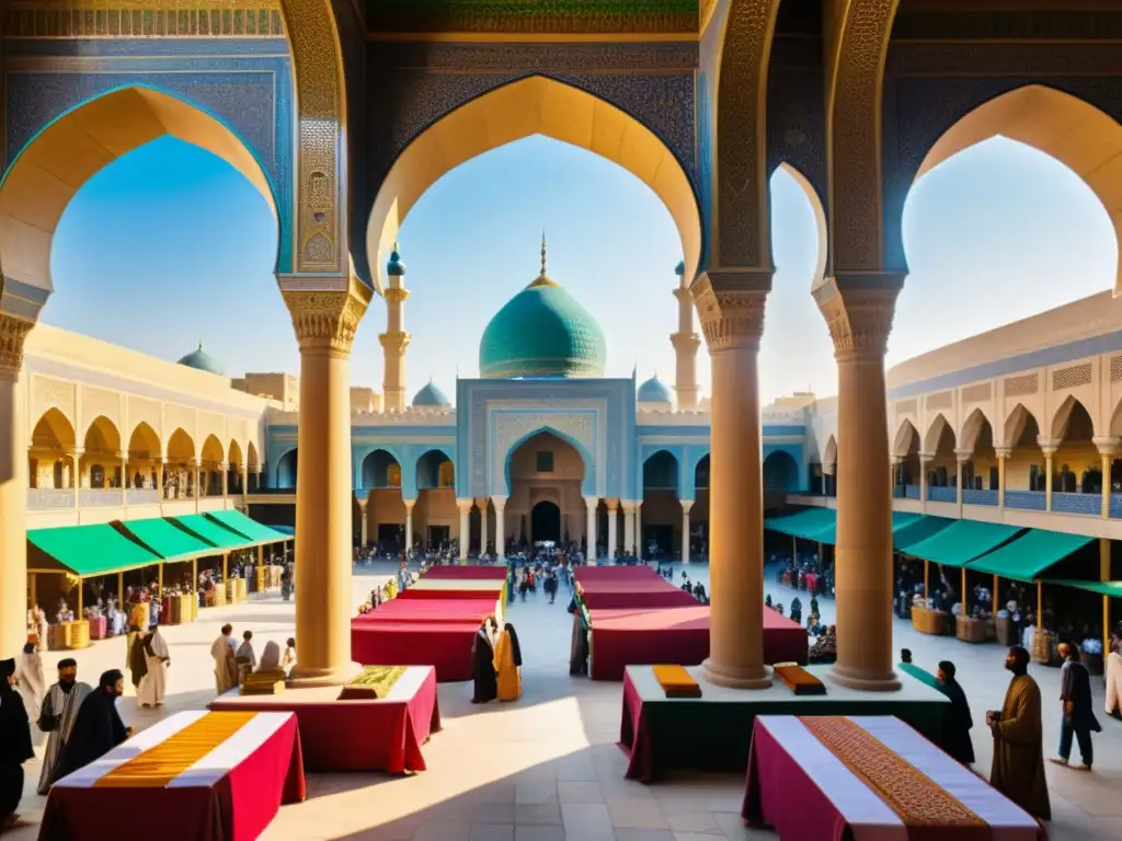 Vibrante escena de Bagdad antigua, con mercados, arquitectura y gente diversa, enriquecida por poesía y cultura