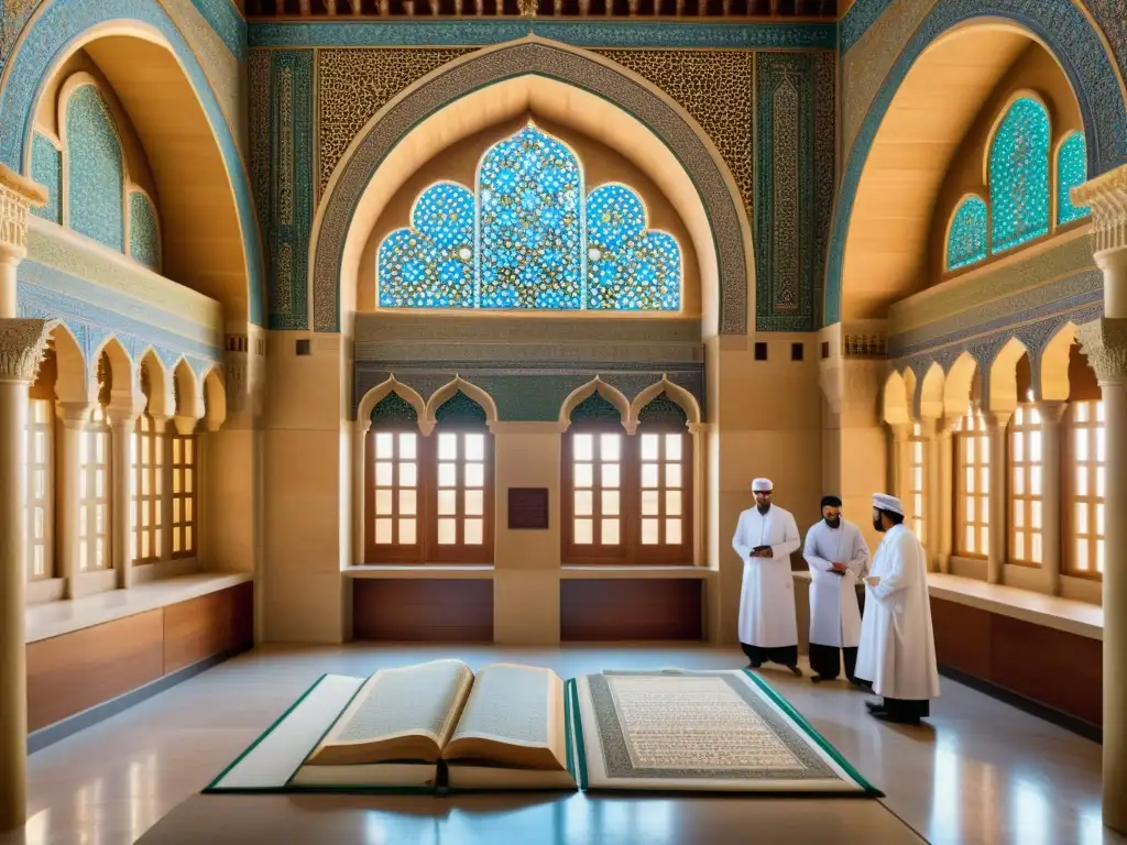 Vibrante escena de avances en medicina islámica en una animada escuela médica del Califato Omeya, con eruditos y médicos inmersos en discusiones y estudios, en un majestuoso edificio de arquitectura islámica