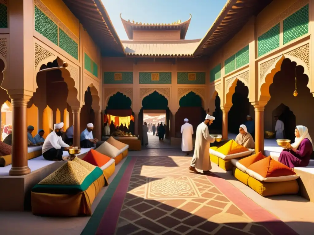 Vibrante escena de bazar con influencia del Islam en pintura: patrones geométricos islámicos, actividades tradicionales y cálida luz dorada