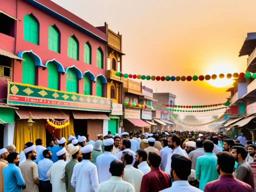 Vibrante escena de calle, celebrando Eid alMawlid en diferentes culturas con decoraciones coloridas y festividad en Pakistán