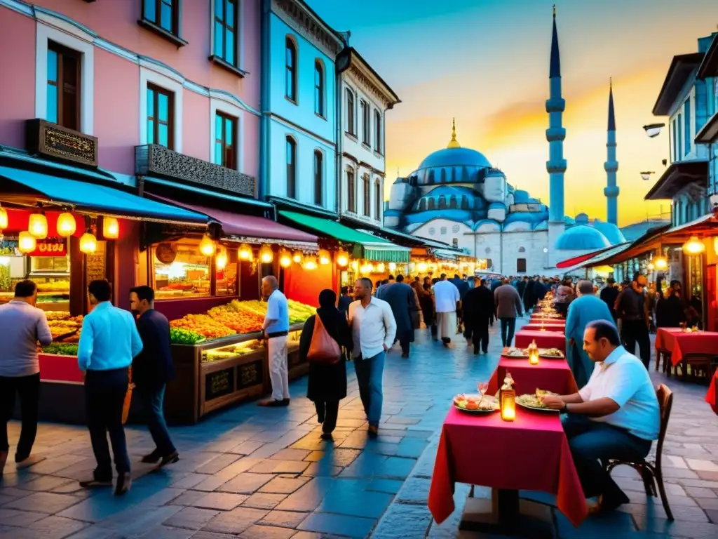 Vibrante escena de calle en Estambul con los mejores restaurantes Halal, turistas y locales disfrutando de la animada atmósfera al atardecer