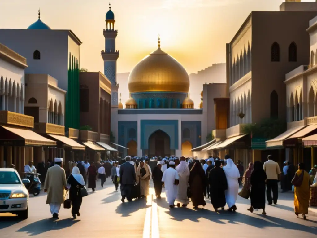 Vibrante escena callejera en ciudad del Medio Oriente, reflejando la coexistencia entre la comunidad bahá'í y el islam