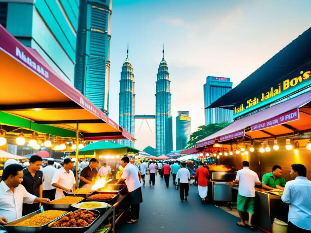 Vibrante escena callejera de comida halal en Kuala Lumpur con las Torres Petronas al fondo