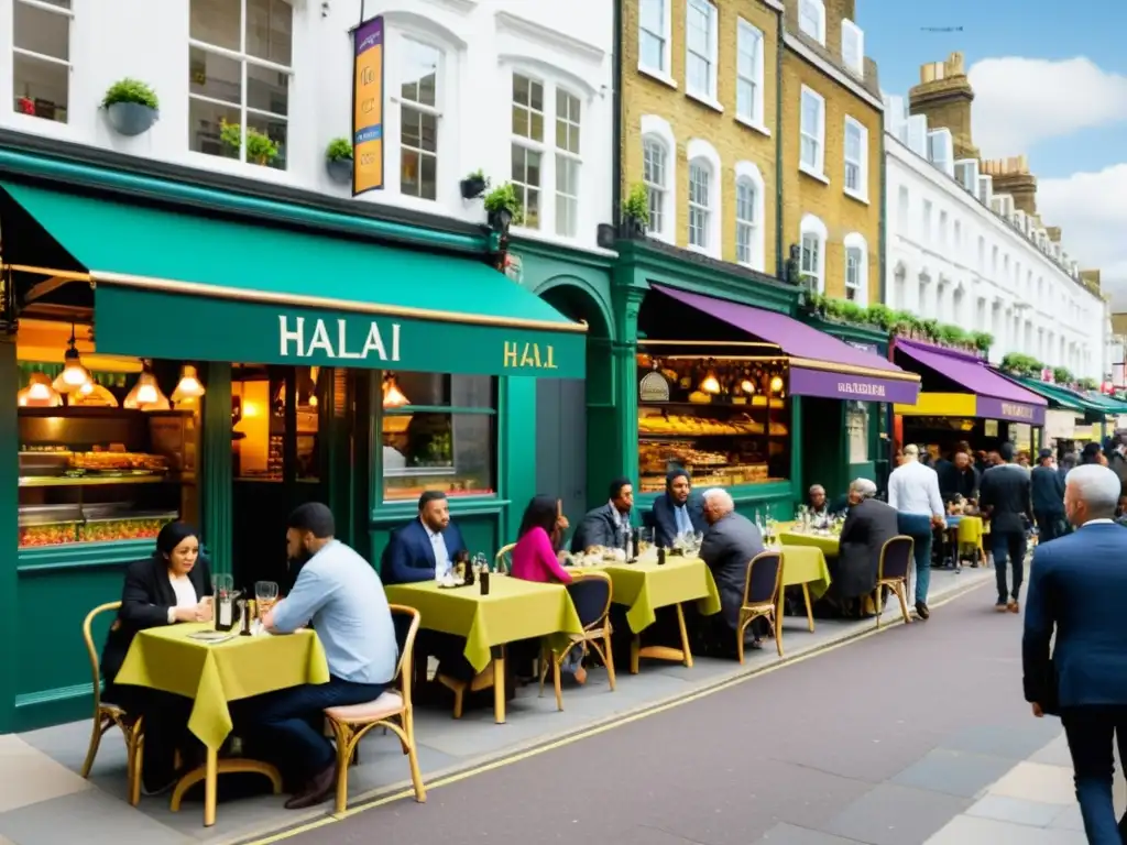 Vibrante escena callejera en Londres con los mejores restaurantes de cocina islámica, gente disfrutando al aire libre