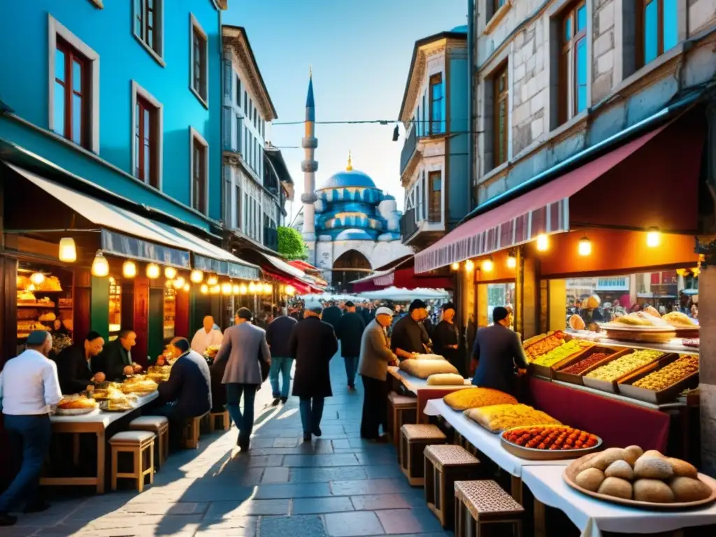 Vibrante escena callejera en Estambul con los mejores restaurantes Halal, arquitectura histórica y cocina turca tradicional