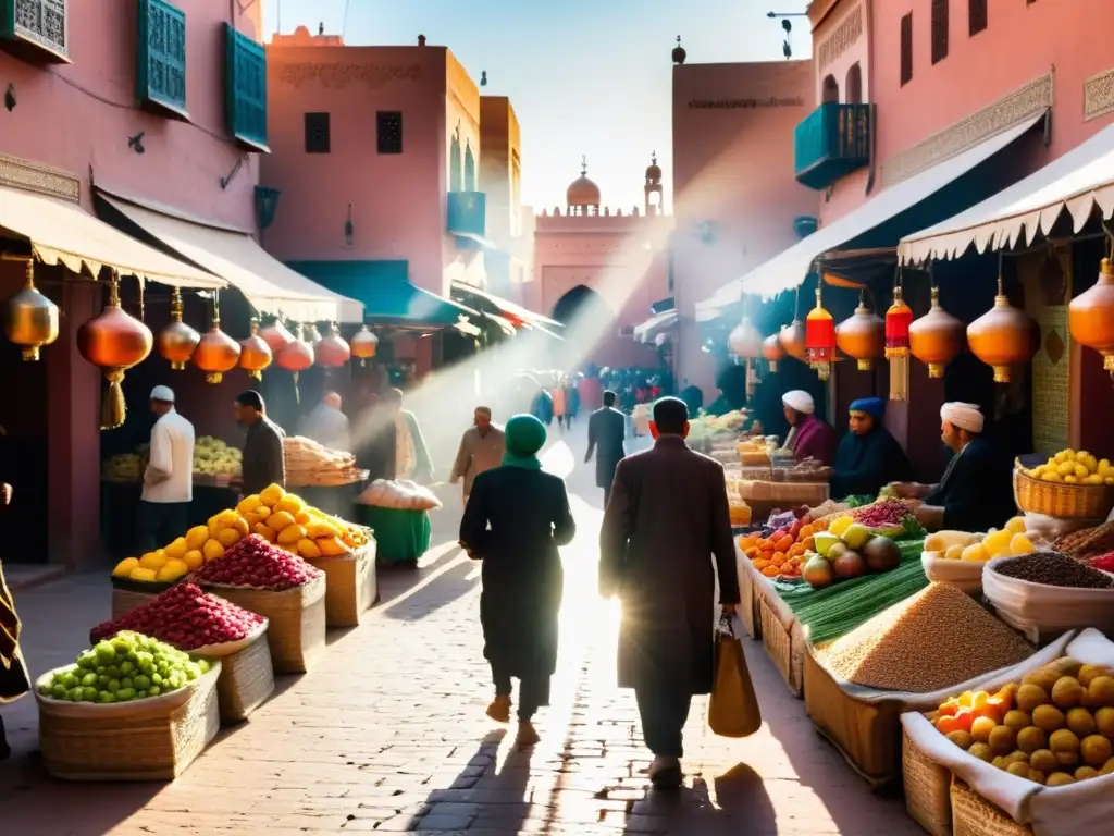 Vibrante escena callejera en Marrakech con mercado lleno de coloridos puestos de frutas frescas, especias y cocina marroquí