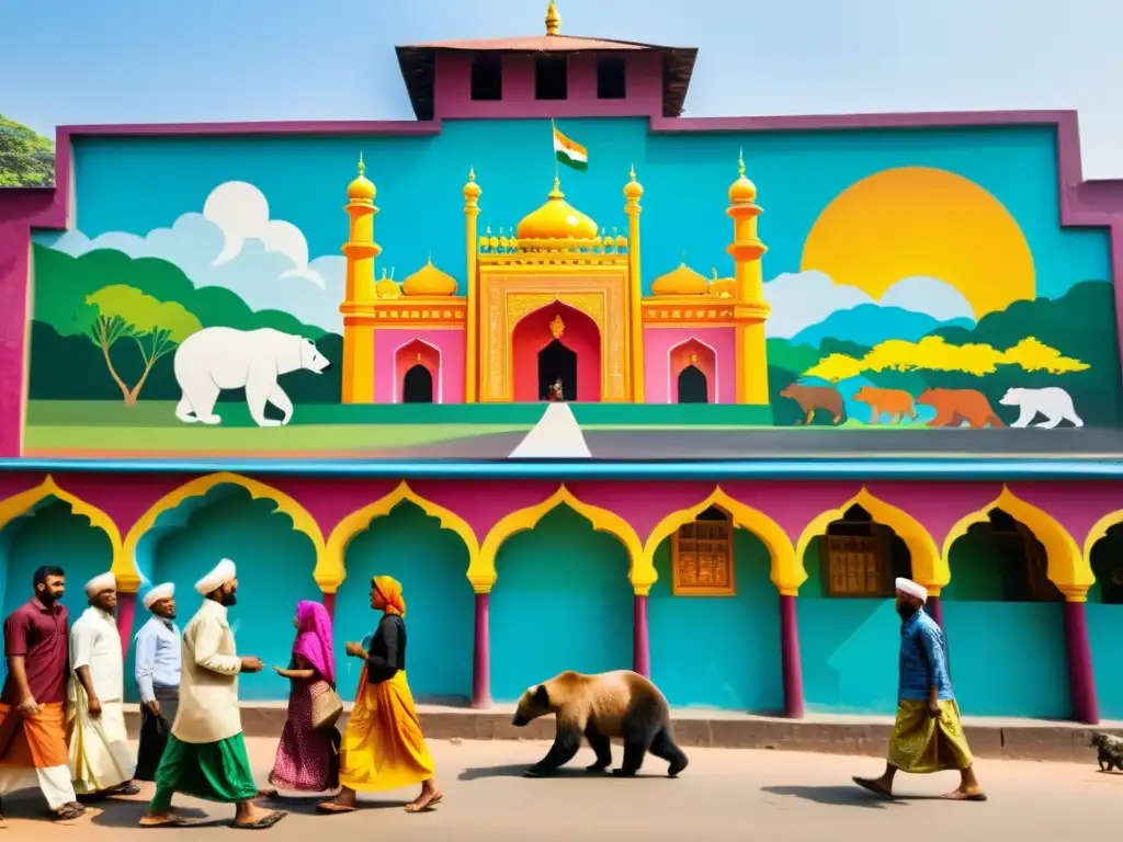 Vibrante escena callejera en Karnataka, India, con Musulmanes Bearys en animada conversación y un colorido mural