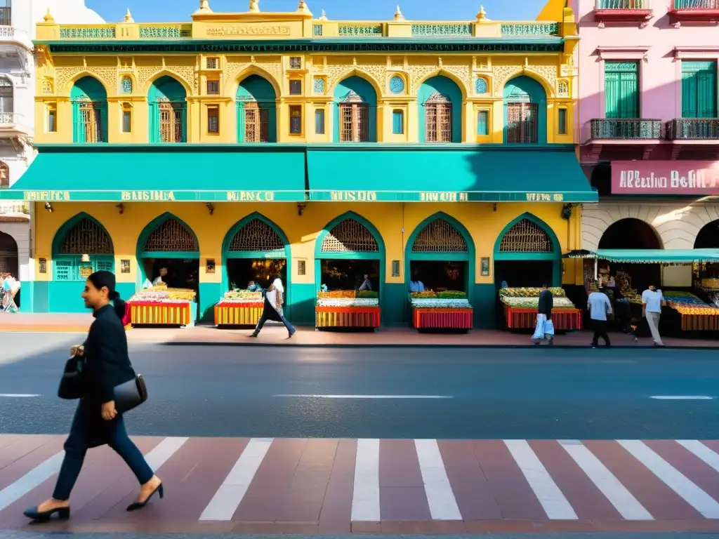 Vibrante escena callejera en Buenos Aires, con la presencia islámica en Argentina capturando la diversidad cultural y la vitalidad de la comunidad