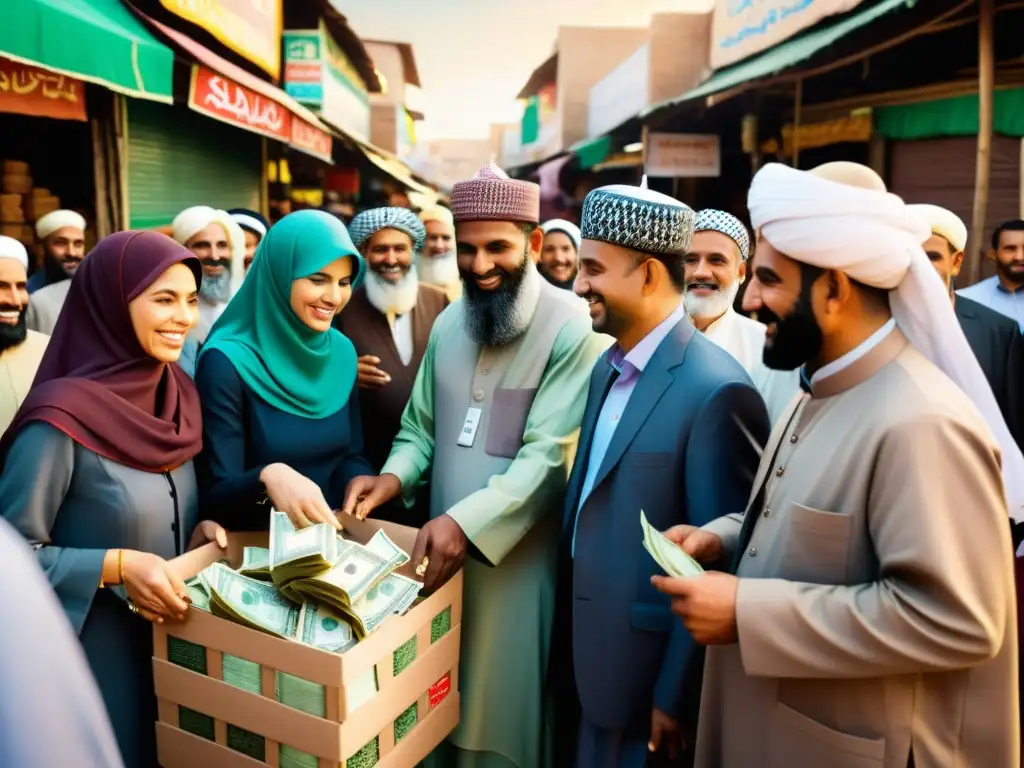 Una vibrante escena de caridad islámica en un bullicioso mercado, con personas de diversas culturas intercambiando Sadaqah