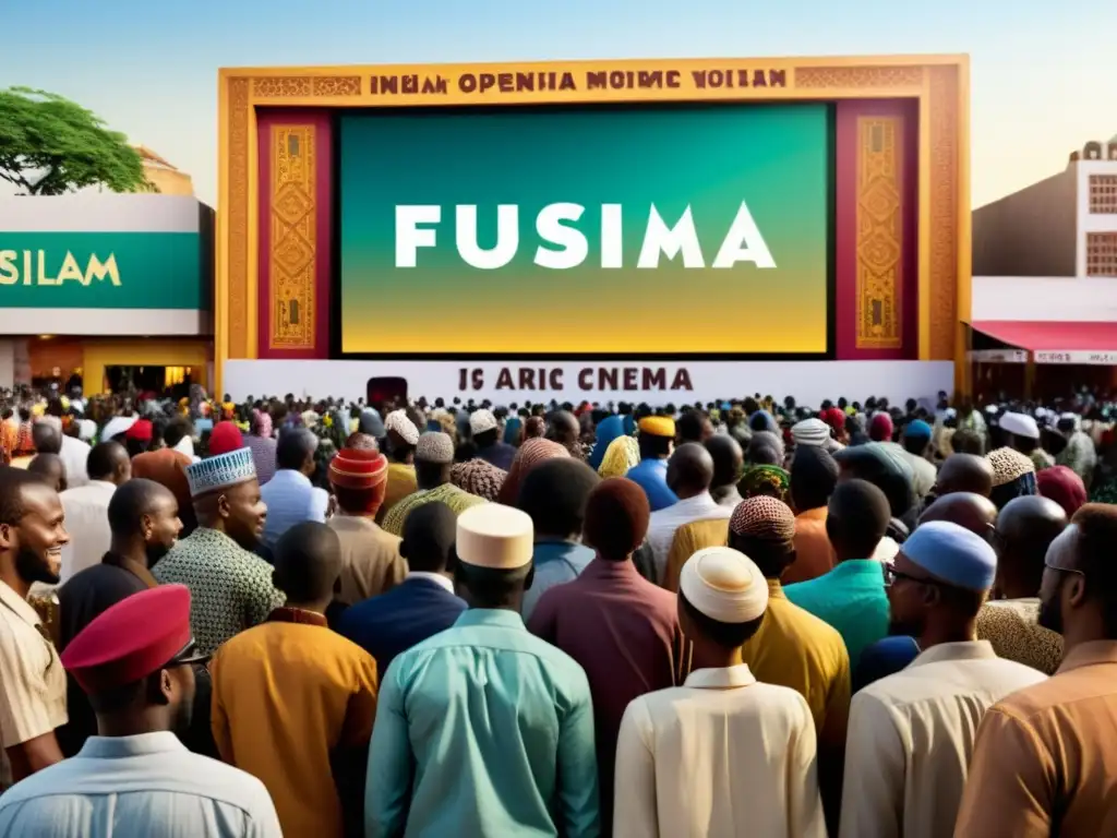 Cine al aire libre: un retrato vibrante de la vida en la ciudad africana Vibrante escena de cine al aire libre en una ciudad africana, con diversa audiencia y representación del Islam en el cine africano