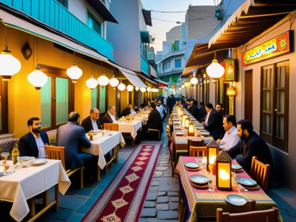 Vibrante escena culinaria en Teherán, con restaurantes persas halal y cocinas tradicionales iluminadas por el cálido atardecer