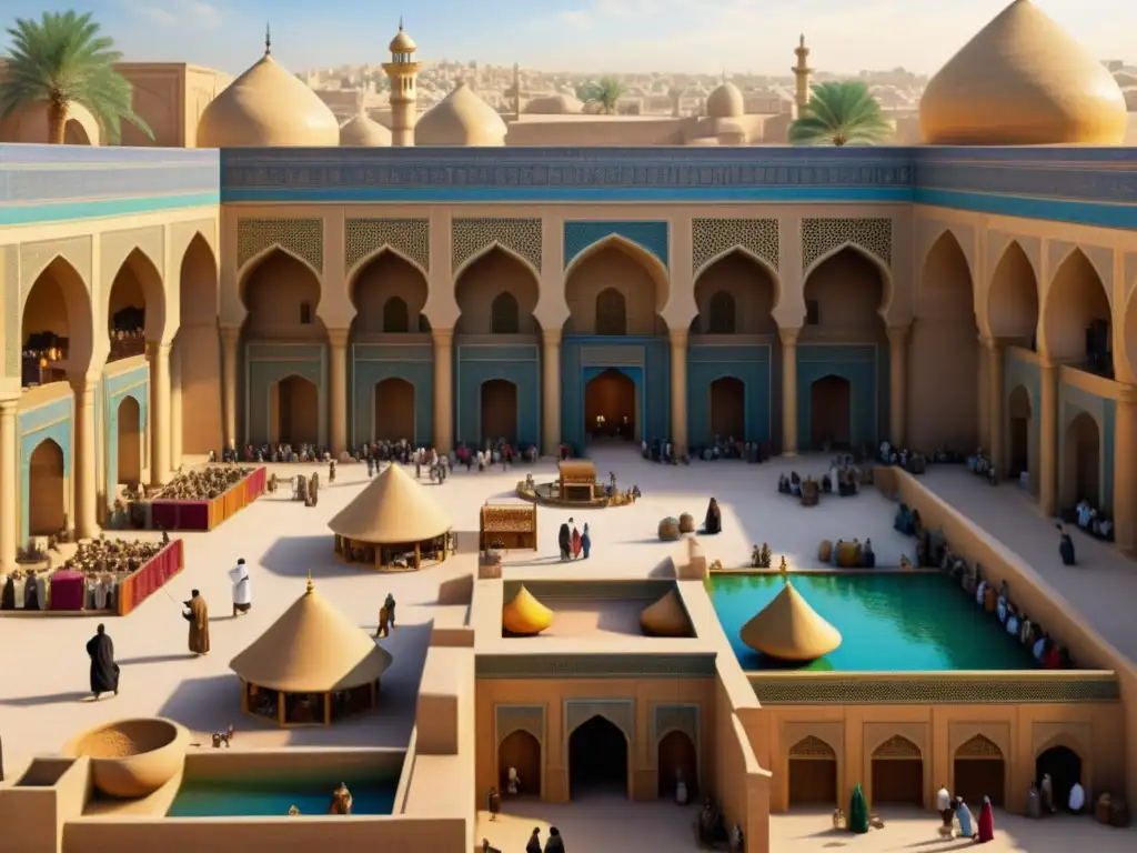 Vibrante escena del esplendor de Bagdad en la expansión del Islam, con calles bulliciosas, colores vivos y detalle cultural