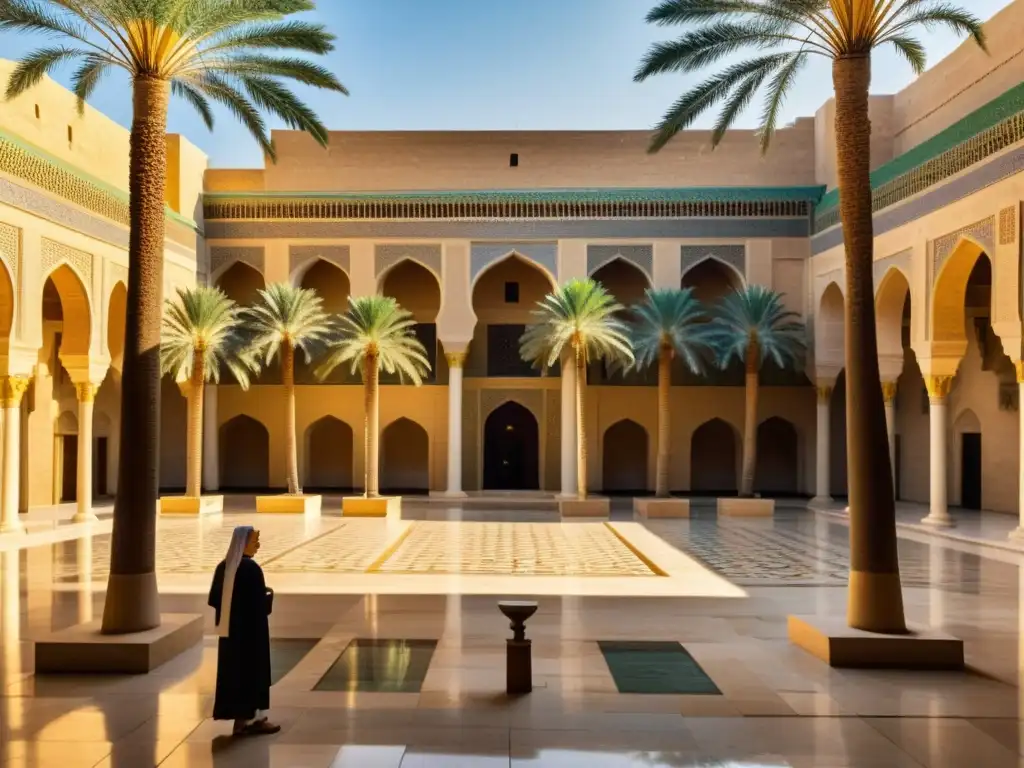 Vibrante escena del esplendor de Bagdad, con poesía, cultura y música en el gran patio del tribunal abasí