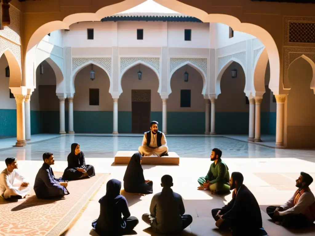 Vibrante escena de una madrasa, con estudiantes discutiendo bajo arcos intrincados y patrones geométricos