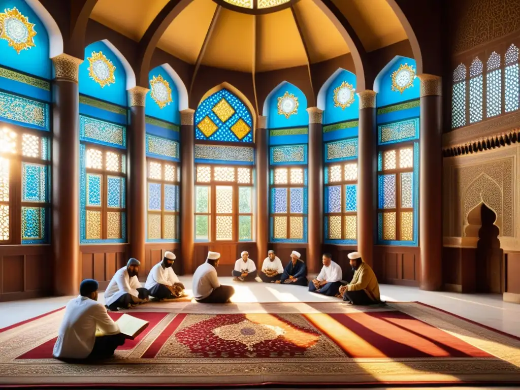 Vibrante escena en una madrasa islámica, con estudiantes y maestros inmersos en discusiones animadas bajo la cálida luz dorada