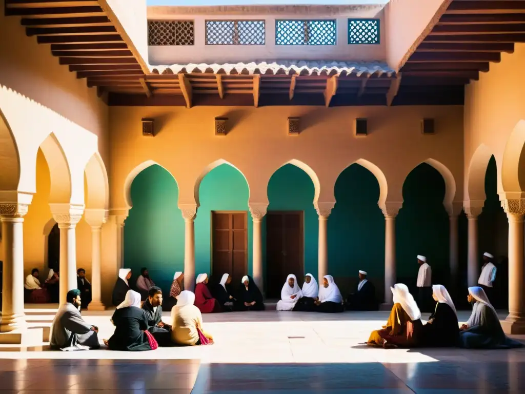 Vibrante escena en una madrasa tradicional, donde los estudiantes debaten con sus maestros bajo el cálido sol de la tarde, destacando el papel de las madrasas en la sociedad islámica