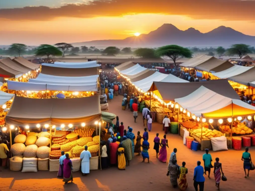 Una vibrante escena de mercado africano al atardecer, con diversidad cultural y llegada de la fe musulmana en África