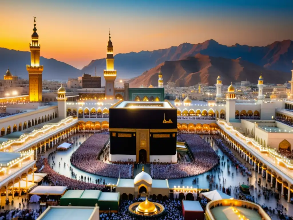 Vibrante escena de la Mezquita de la Meca con peregrinos realizando el tawaf, una joya oculta de la península arábiga islámica