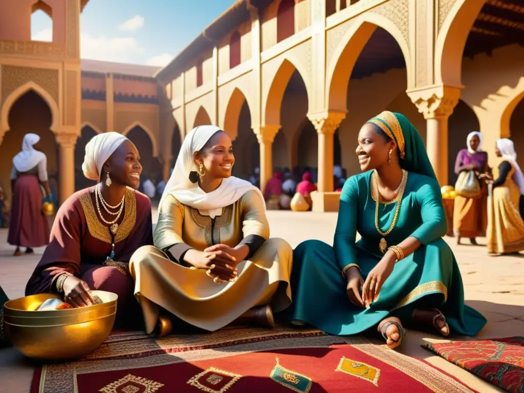 Vibrante escena de mujeres africanas en un bullicioso mercado medieval, reflejando el rol de la mujer en el Islam africano